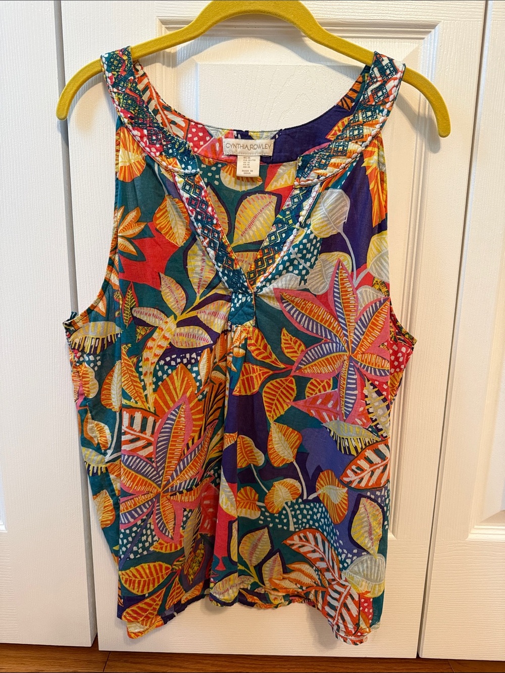 Cynthia Rowley Tropical Embroidered Leaf-Print V-Neck Sleeveless Sheer Tank ~ XL
